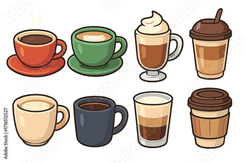 Coffee cup variety vector set. Collection of popular coffee drinks like latte, cappuccino, espresso, macchiato. Cafe menu icons. Cartoon illustration of mugs and takeaway cups.