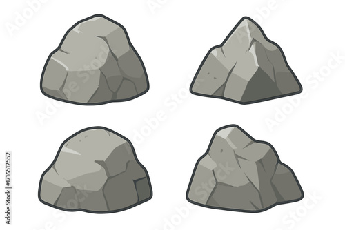 Rock and stone icon set. Vector cartoon illustration of boulders. Flat design granite graphic for game assets or nature elements. Geology clipart on transparent background.
