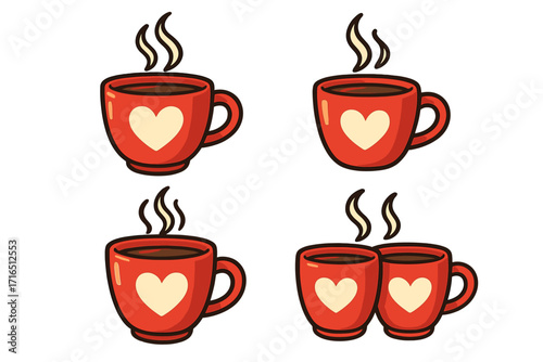 Red coffee cups with heart motif, steaming hot beverage, cozy drink, love and warmth, cartoon vector illustration, transparent background, friendship, romantic breakfast, morning connection
