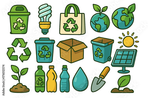 Recycling and sustainability icon collection. Eco-friendly concept. Vector cartoon set for environmental awareness, renewable energy, waste sorting, and zero waste lifestyle.