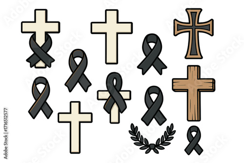 Set of funeral icons with black mourning ribbon and Christian cross. Memorial design elements for grief, loss, and remembrance. Vector illustration for death, sorrow, and RIP.