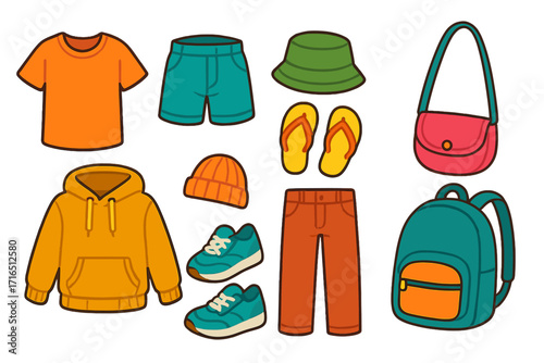 Casual clothing and accessories collection for summer and fall. Vector cartoon set with hoodie, t-shirt, shorts, pants, and bags. Wardrobe essentials for different seasons.