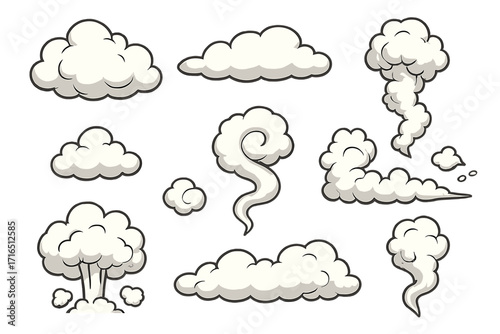 Cartoon cloud and smoke vector set. Comic illustration of fluffy clouds, steam puffs, dust trails, and explosion bursts. Various shapes for vfx effects and design elements.