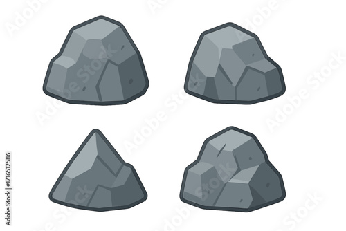 Rock icon set. Flat style granite stone collection. Vector cartoon illustration of grey boulders. Natural mineral element for games or web design on transparent background.