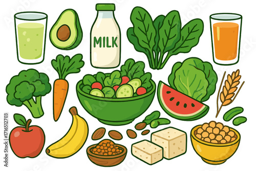 Healthy food set vector cartoon illustration. Plant-based vegan diet collection with fruits, vegetables, tofu and milk. Nutrition concept with organic food for a healthy lifestyle.