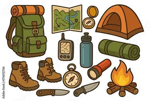 Hiking and camping equipment icon set. Vector illustration of outdoor adventure gear. Includes backpack, tent, map, compass, boots, bonfire. Tourism and travel concept.