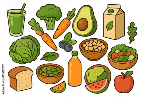 Plant-based food set, healthy eating concept. Vegan diet collection. Vector cartoon illustration with organic vegetables, fruits, smoothie, salad, avocado, and bread.