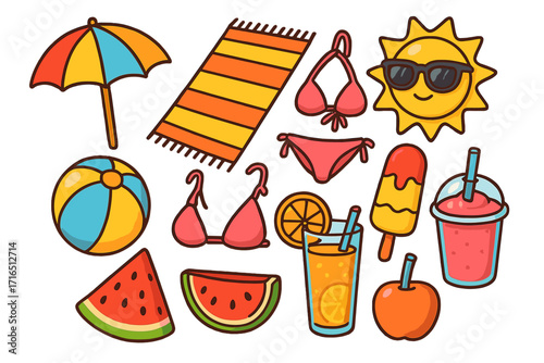 Cartoon beach sticker pack. Summer vacation icon collection. Vector set with sun, bikini, umbrella, ball, towel, watermelon, popsicle, juice. Fun seaside holiday elements.