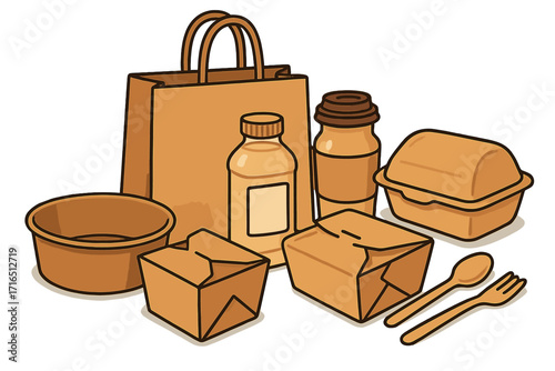 Eco-friendly food packaging set. Sustainable paper and kraft containers for takeaway and delivery. Vector cartoon illustration of bag, box, cup, and bottle for green business.