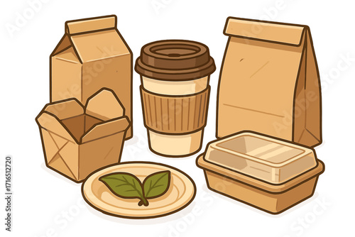 Eco-friendly food packaging set. Sustainable takeaway containers for delivery. Recyclable paper bag, coffee cup, and box. Vector cartoon illustration for green business.