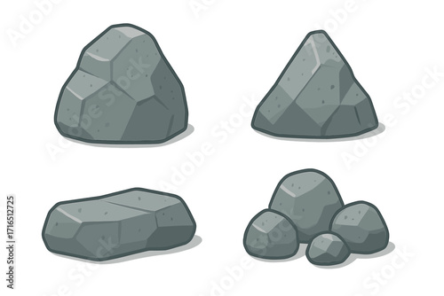 Set of cartoon rocks and stones. Vector illustration of boulders in a flat style. Natural mineral elements for games or design. Collection of gray geological shapes.
