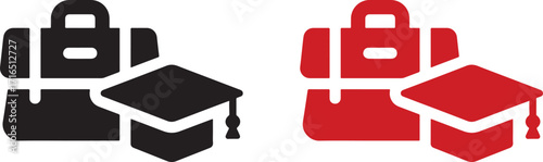icon, symbol, graphic, design, illustration, silhouette, briefcase, bag, luggage, travel, business, graduation, cap, mortarboard, education, academic, student, learning, knowledge, achievement, succes