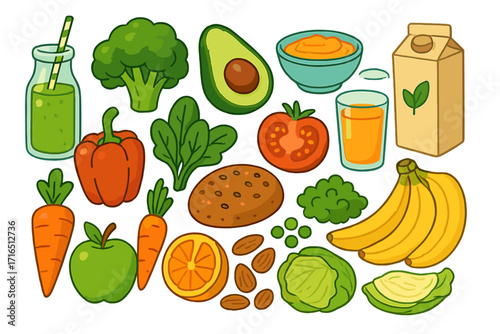 Healthy plant-based food collection for vegan diet. Set of fresh organic fruits, vegetables, nuts, and drinks. Cartoon vector icons for nutrition, clean eating, and vegetarian lifestyle.