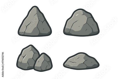 Cartoon granite rock icons set. Flat style stone illustration isolated on transparent background. Collection of large and small boulders. Natural geology, mineral, mountain, landscaping elements.