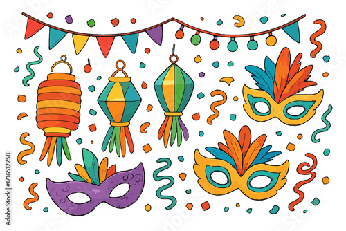 Festa Junina Brazil festival vector illustration set. Colorful decorations for carnival celebration with lanterns, masks, and confetti. Joyful party atmosphere elements.