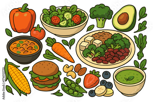 Plant-based food set. Vegan and vegetarian dishes collection for healthy eating. Vector cartoon illustration of fresh vegetables, fruits, salad, soup, burger, and tofu bowl.