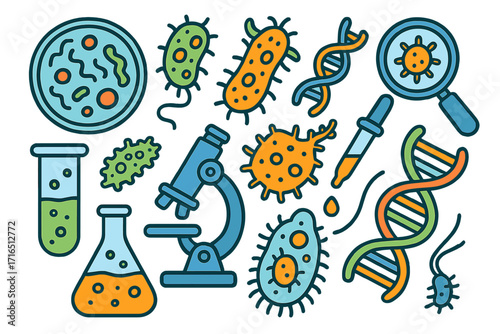 Microbiology and genetic research icon set. Scientific tools for biology laboratory. Vector illustration of microscope, petri dish, DNA, bacteria, virus. Science concept.