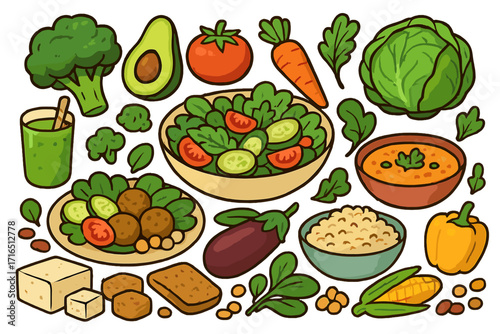 Plant based food collection. Vegan and vegetarian diet concept. Healthy eating elements set. Vector cartoon icons of fresh organic vegetables, salad, tofu, falafel, and smoothie.