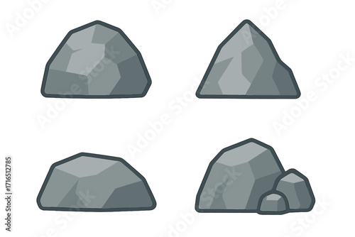 Granite rock icon set, flat style stones, polygonal cartoon vector illustration, geology and landscaping elements, boulder mineral shapes, isolated collection, decorative rocky structures