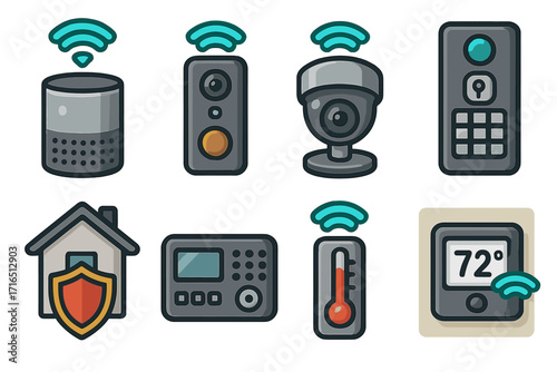 Smart Home Technology Devices Vector Illustration. Modern Security System, Wireless Camera, Door Lock, Climate Control, Thermostat, Remote Monitoring. Alarm Protection, Shielded House, Cartoon Icons