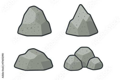 Granite rock icon set. Polygonal boulders and stones. Flat cartoon vector illustration. Gray minerals, mountain rocks, geology symbols. Rock texture pack for game design, landscape, construction.