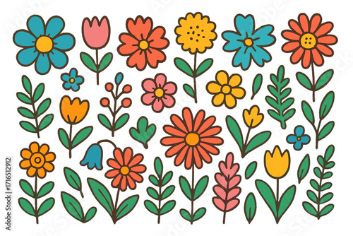 Colorful set of groovy retro flowers. Cute floral elements in 70s hippie style. Collection of simple doodle daisies, tulips and leaves. Botanical vector cartoon illustration.