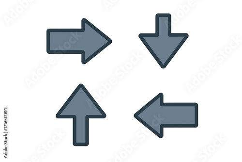 Vector cartoon arrow icons set. Geometric directional arrows with linear outline style. Up, down, left, right navigation symbols. Graphic design clipart isolated on transparent background, clean edges