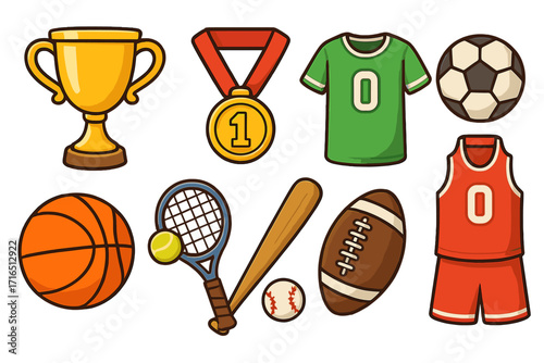 Sports competition vector icons collection, cartoon awards, trophy, gold medal, football soccer ball, basketball, tennis, baseball, bat, racket, jersey, uniform set, team sports equipment illustration