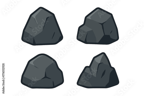Granite rock icon set, smooth dark stone shapes collection, flat vector cartoon illustration, geology mineral symbol, natural rock element, isolated on transparent background, game environment assets