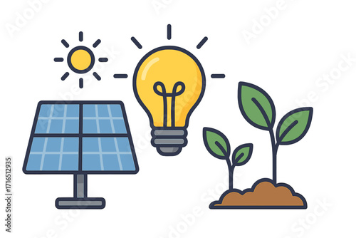 Solar energy and sustainability vector illustration, solar panel with sun, eco light bulb, growing green plants symbolizing renewable resources, clean technology and environmental protection concepts