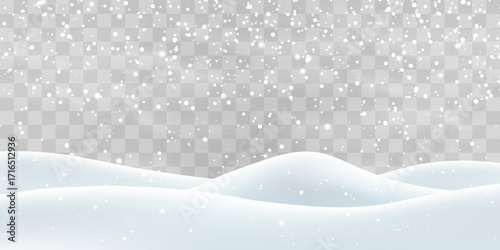 Vector heavy snowfall with snowbanks field. Snow landscape decoration, frozen hills isolated on png background. Snow flakes, snow and blizzard falling on snowdrifts. Christmas vector illustration