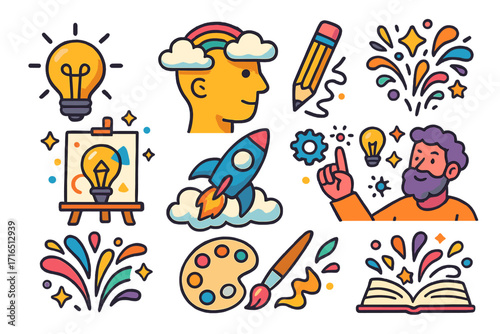 Creativity and innovation icon set. Metaphor for new ideas, imagination, startup launch, brainstorming. Creative thinking, knowledge, inspiration. Vector cartoon doodle collection.