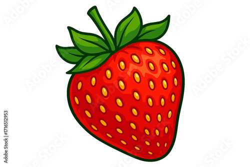 Fresh red strawberry fruit with green leaves. Vector cartoon illustration. Juicy berry icon for healthy food, summer dessert, natural sweets, organic products, vitamins, and jam.
