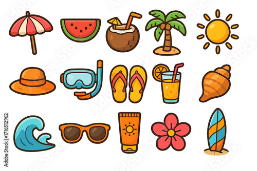 Set of summer beach vacation icons. Tropical holiday elements collection. Vector cartoon illustration of sun, palm tree, surfboard, sunglasses, and coconut drink. Cute design.