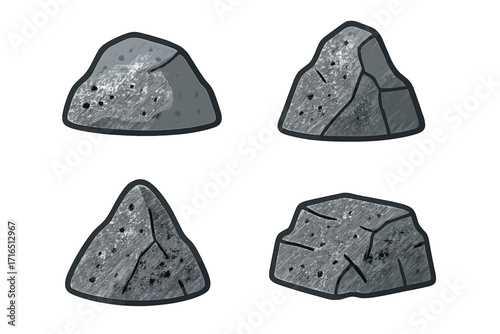 Cartoon granite rock icons collection. Flat vector illustration set of boulders with cracks, texture and detail. Grey stone clipart with transparent background. Geology, landscaping, natural element
