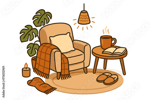 Cozy home interior for comfort and relaxation. Hygge concept with armchair, plaid, book, and hot drink. Peaceful reading nook for autumn or winter season. Vector illustration.