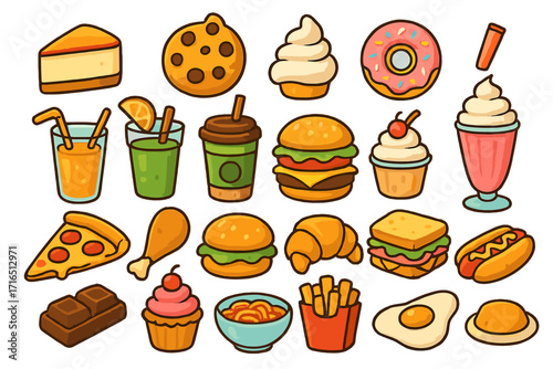 Set of colorful cartoon food icons. Vector collection of fast food, snacks, desserts and drinks. Burger, pizza, hot dog, fries, donut, cake and soda isolated illustrations.