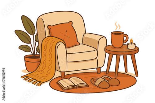 Cozy home interior for relaxation and comfort. Hygge lifestyle concept with armchair, hot drink, book, and candle. Autumn peaceful retreat. Vector cartoon illustration.