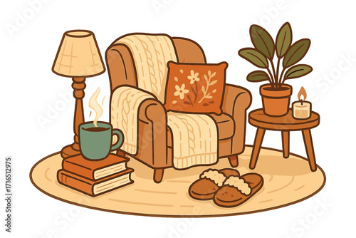 Cozy home interior for relaxation and comfort. Hygge lifestyle scene with armchair, hot coffee, books, and candle. Autumn evening retreat concept. Vector cartoon illustration.