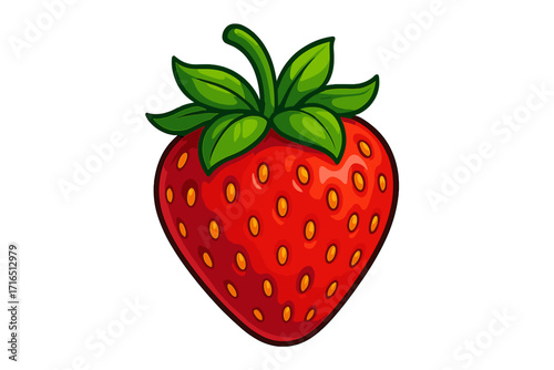 Red strawberry vector cartoon illustration. Ripe sweet berry fruit icon. Concept for healthy eating, organic food, summer dessert, natural vitamins, fresh juice, simple diet.