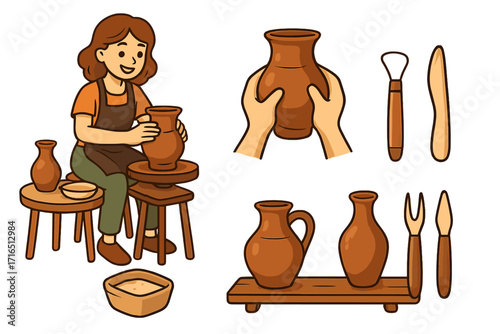 Woman making pottery on a wheel. Set of vector icons for a ceramic workshop. Includes potter's tools, clay pot, vase, and jug. Handmade craft hobby and creative process.