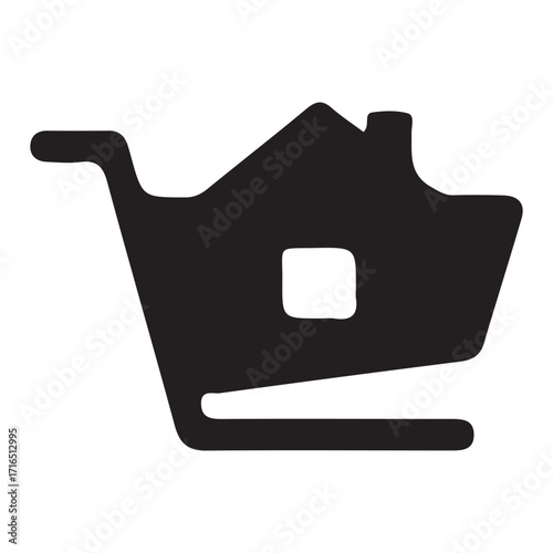 Silhouette of a shopping cart with a house symbol inside representing real estate purchase or home buying concept