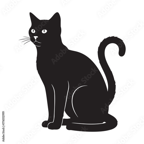 Silhouette of a sleek black cat sitting upright with bright white eyes and a curled tail on a white background