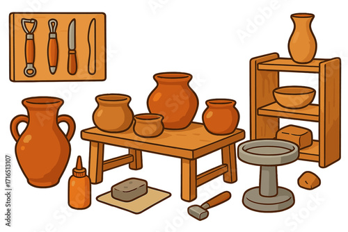 Pottery workshop equipment set. Ceramic craft tools and clay pots. Handmade earthenware concept. Artisan studio with potter's wheel, sculpting tools, vase, jug, bowl. Hobby.