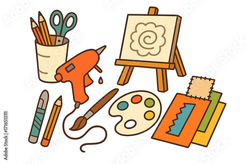Crafting tools and art supplies set for creativity and hobbies. Vector illustration of a glue gun, easel, palette, and pencils for a DIY artistic workspace concept.