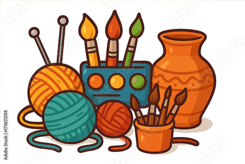 Arts and crafts supplies icon set for handmade hobbies. Creative tools for knitting, painting, and pottery workshop. Vector illustration of yarn, brushes, and a clay vase.