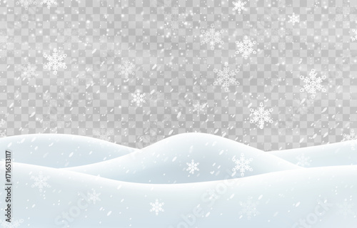Vector heavy snowfall with snowbanks field. Snow landscape decoration, frozen hills isolated on png background. Snow flakes, snow and blizzard falling on snowdrifts. Christmas vector illustration