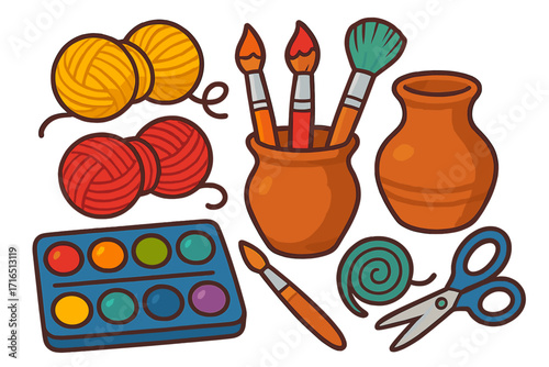 Art and craft supplies set for creative hobbies and DIY projects. Vector cartoon illustration with paint, brushes, yarn, pottery, and scissors for a workshop or school.
