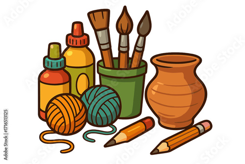 Art and craft supplies illustration. Creative hobby concept with tools for handmade projects. Includes paint brushes, yarn, pottery, pencils, and paint for DIY. Vector cartoon.
