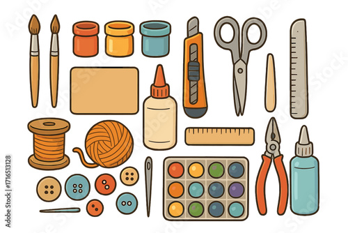 Crafting tools and supplies for creative projects. Vector set for handmade hobby and art. Equipment like paint, brushes, scissors, glue, thread for DIY or school projects.